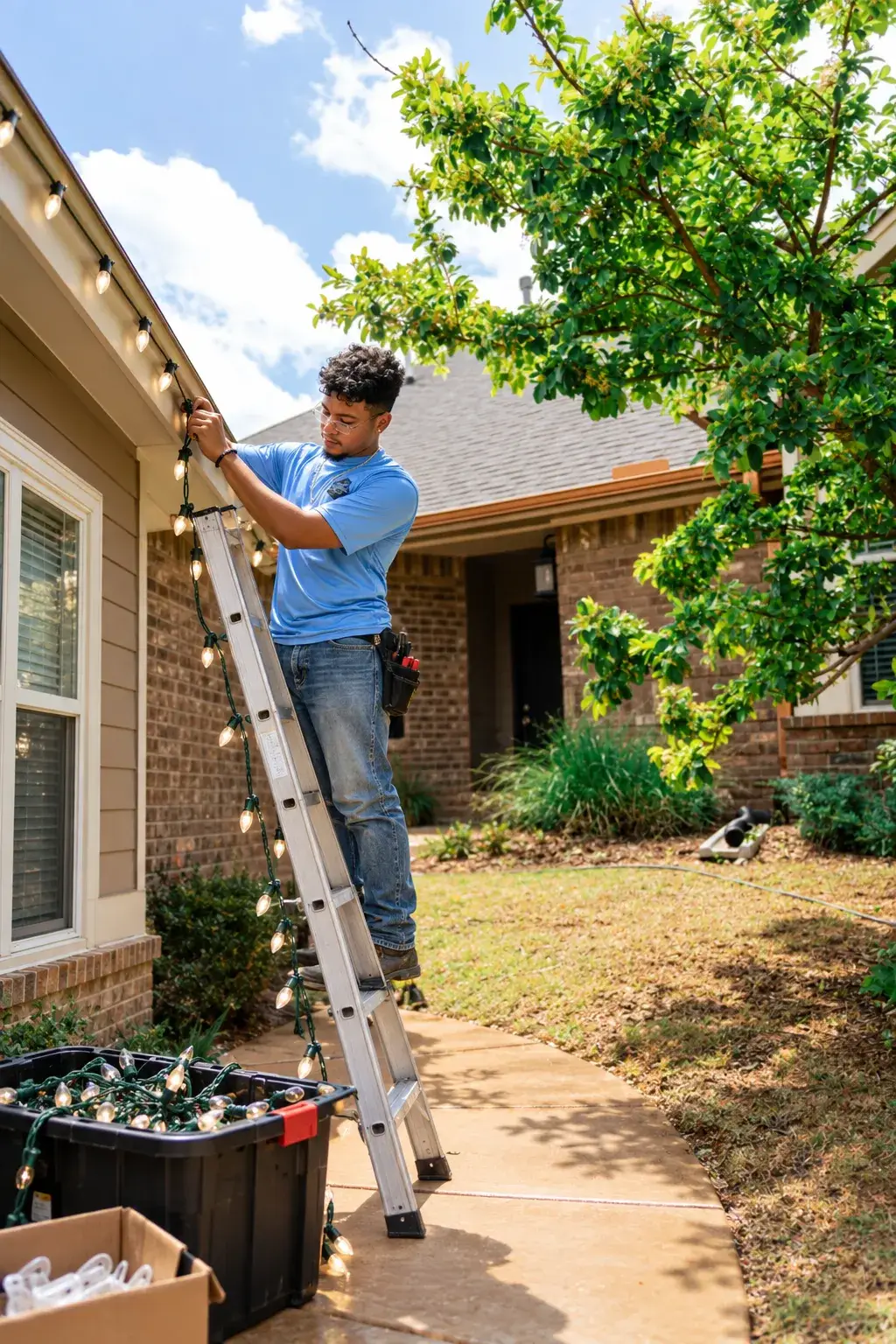 A worker on a ladder attaches a strand of large bulb lights along a home's roof edge, with more lights in a storage bin below.